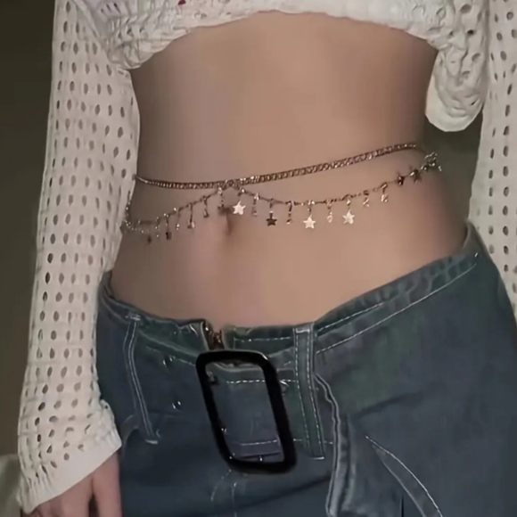 NEW Silver Celestial Whimsigoth Layered Metal Chain Belt w/ Stars & Crystals - Picture 3 of 5